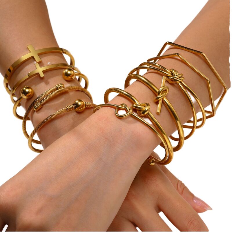 Statement Fashion Minimalist Jewelry Adjustable 18K Gold Plated Zircon Stainless Steel Stacking Tie Knot Cuff Bangle