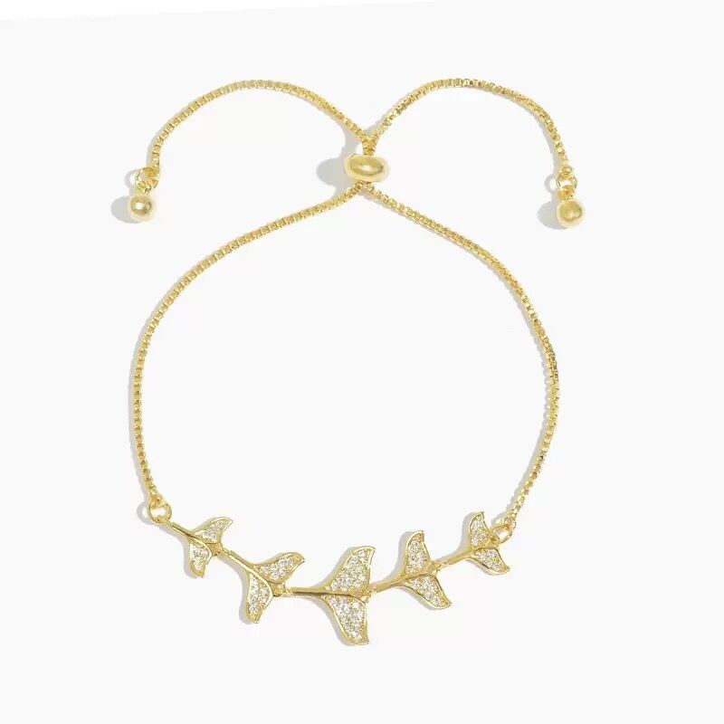 SL60942 Trendy Zircon Whale Tail Charm Adjustable 18K Gold Plated Copper Women's Bracelet