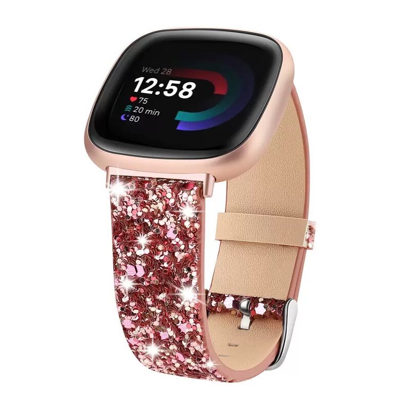 Women's Fitbit Versa 4/3/Sense 2 Bling Glitter Leather Strap Watch Band with Butterfly Buckle (Rose Gold)