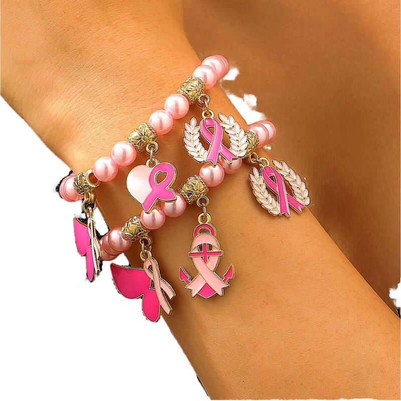 Pink Ribbon Breast Cancer Awareness Gold Plated Alloy Enamel Bead Charm Bracelet for Women Girls Health Theme Gift