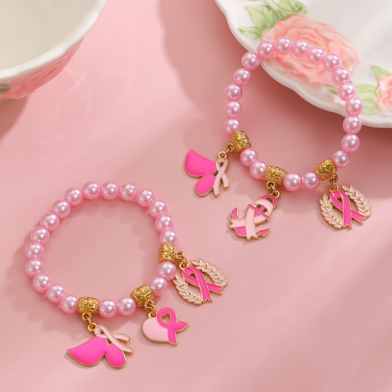 Pink Ribbon Breast Cancer Awareness Gold Plated Alloy Enamel Bead Charm Bracelet for Women Girls Health Theme Gift
