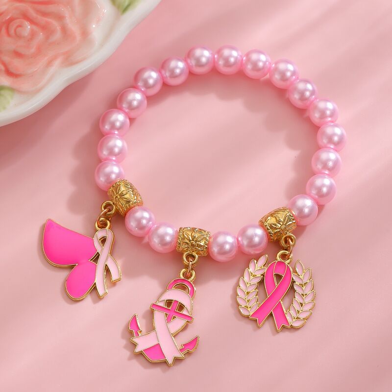 Pink Ribbon Breast Cancer Awareness Gold Plated Alloy Enamel Bead Charm Bracelet for Women Girls Health Theme Gift