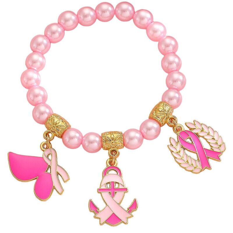 Pink Ribbon Breast Cancer Awareness Gold Plated Alloy Enamel Bead Charm Bracelet for Women Girls Health Theme Gift