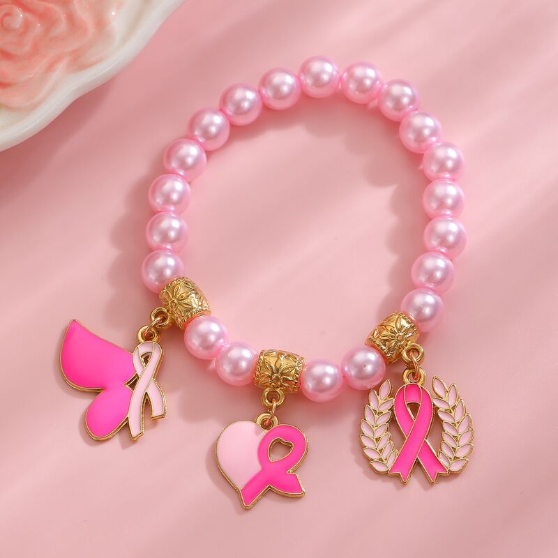 Pink Ribbon Breast Cancer Awareness Gold Plated Alloy Enamel Bead Charm Bracelet for Women Girls Health Theme Gift