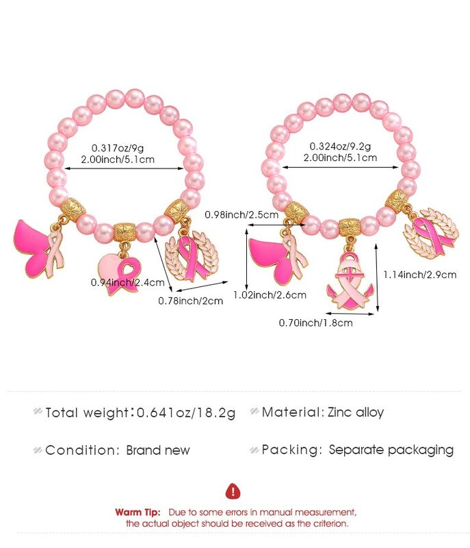 Pink Ribbon Breast Cancer Awareness Gold Plated Alloy Enamel Bead Charm Bracelet for Women Girls Health Theme Gift