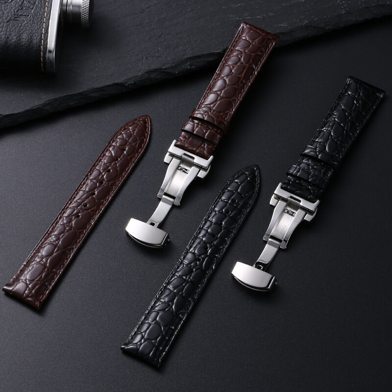 Stainless Steel Butterfly Clasp Men Crocodile Pattern Watchband 18mm 20mm 22mm Genuine Leather Watch Band Straps