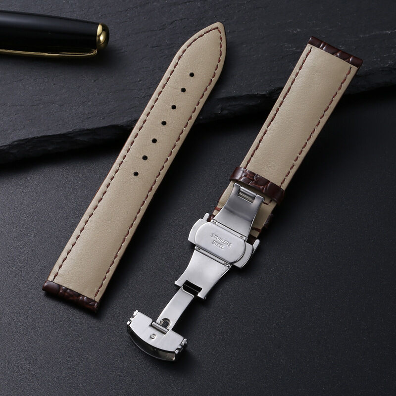 Stainless Steel Butterfly Clasp Men Crocodile Pattern Watchband 18mm 20mm 22mm Genuine Leather Watch Band Straps