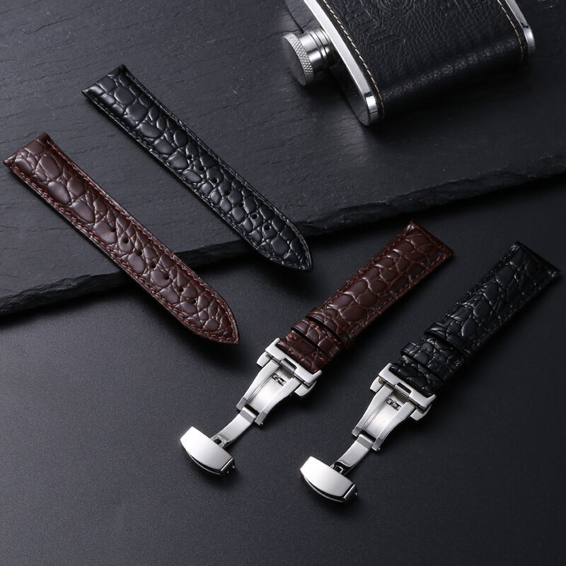Stainless Steel Butterfly Clasp Men Crocodile Pattern Watchband 18mm 20mm 22mm Genuine Leather Watch Band Straps