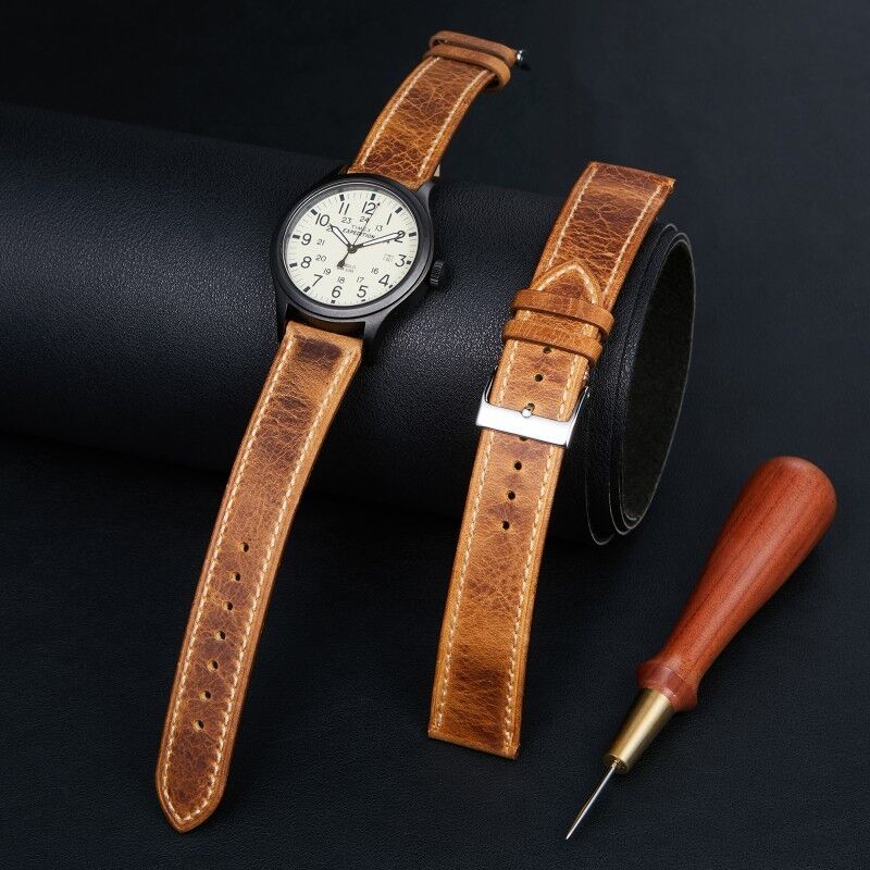 Flat Stitches Vintage Crackle Leather Strap Genuine Leather Band Top Layer Cowhide Leather Double-sided Handwork  Watch Straps