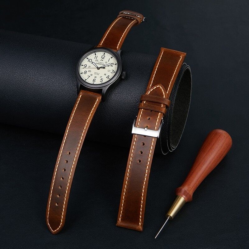 Flat Stitches Vintage Crackle Leather Strap Genuine Leather Band Top Layer Cowhide Leather Double-sided Handwork  Watch Straps