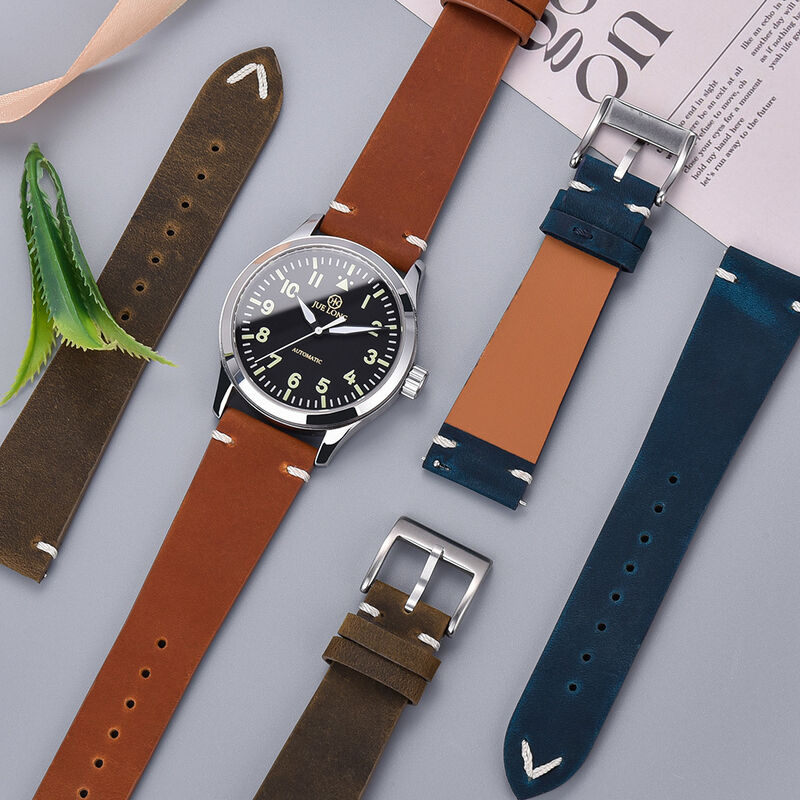 18 20 22mm Vintage Lug-Stitched Crazy Horse Leather Watch Strap Quick Release Hand-Stitched Genuine Leather Watch Bands