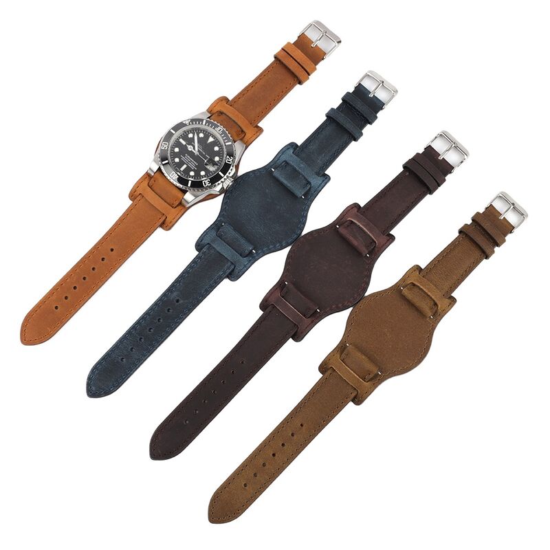 Handmade 18/20/22mm Black Brown Coffee Genuine Leather Bund Straps for Luxury Watches Minimalist Vintage Style