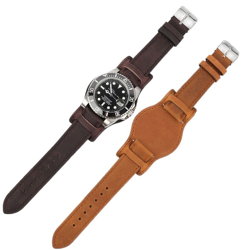 Handmade 18/20/22mm Black Brown Coffee Genuine Leather Bund Straps for Luxury Watches Minimalist Vintage Style