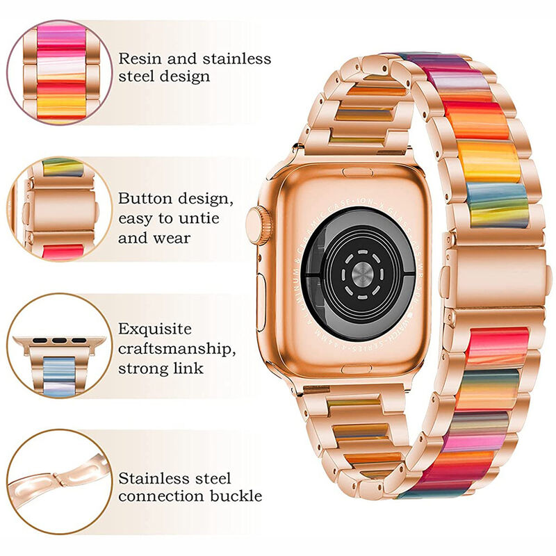 SWstrap Fashion Women Resin Watch Bands Luxury Stainless Steel Watch Strap Colored Smart Acrylic Floral Bands for Apple Watch