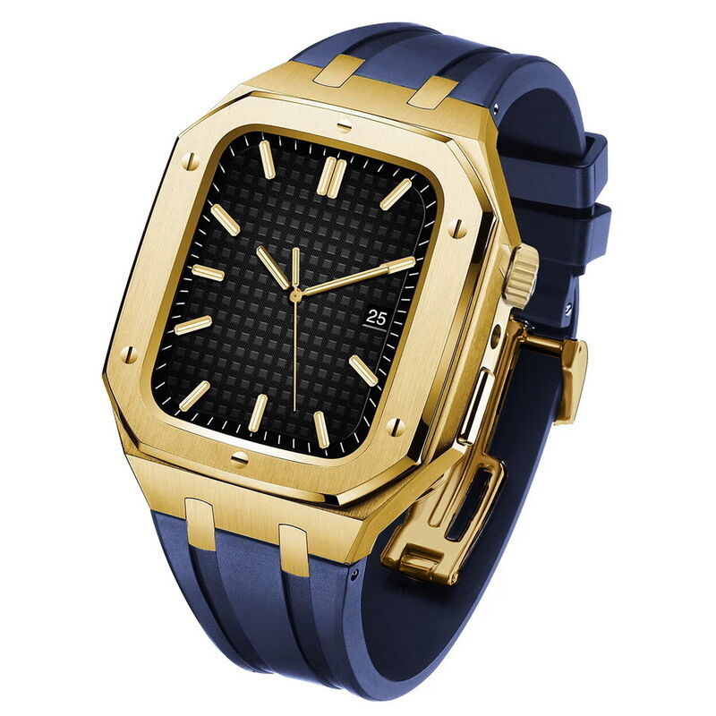 Modification Style Silicone Watch Band Strap + Stainless Steel Watch Cover Case for Apple Iwatch 7 6 44mm 45mm Watch Wristband