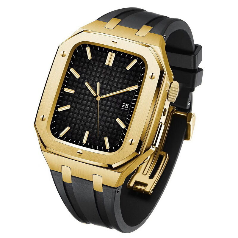 Modification Style Silicone Watch Band Strap + Stainless Steel Watch Cover Case for Apple Iwatch 7 6 44mm 45mm Watch Wristband