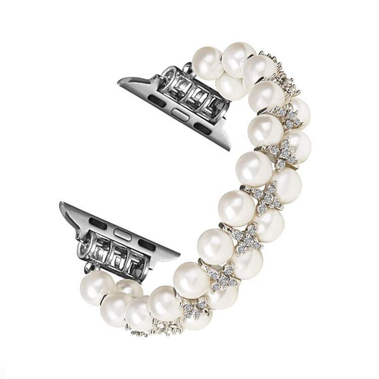 Pearl Bracelet Compatible with Apple Watch Band 38/40/42/44mm, Artificial Elastic Stretch Bling Diamond Jewelry Wristband