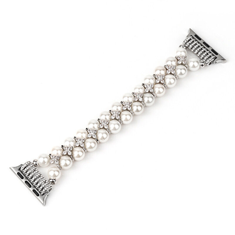 Pearl Bracelet Compatible with Apple Watch Band 38/40/42/44mm, Artificial Elastic Stretch Bling Diamond Jewelry Wristband