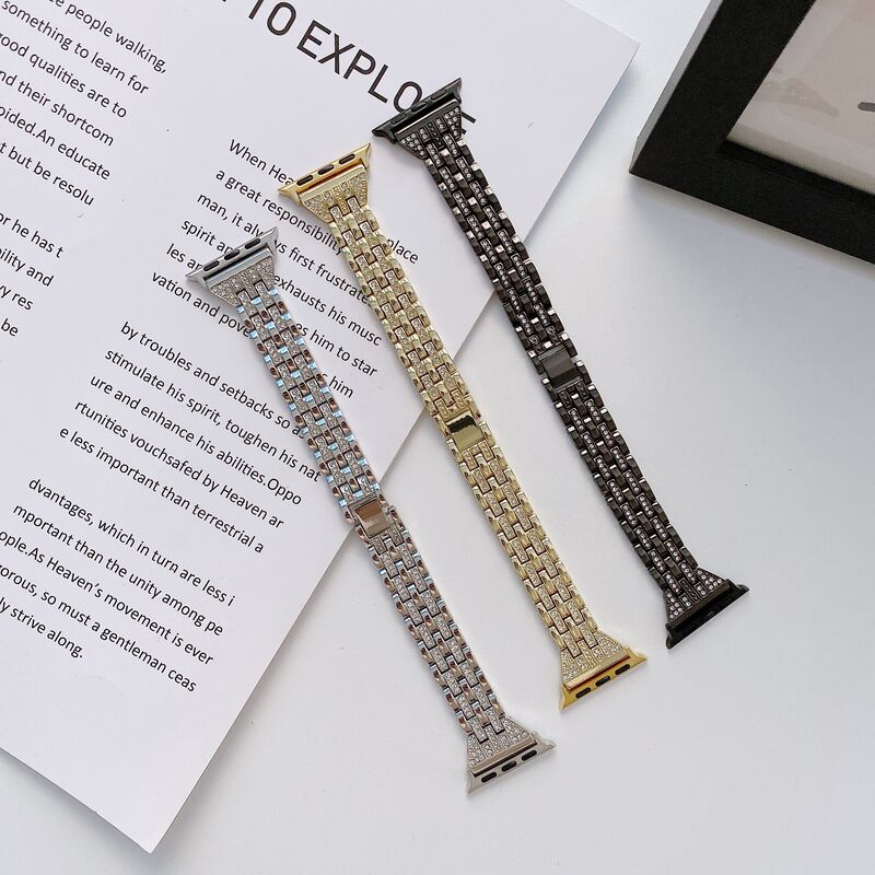 Wrist Watch Straps Women Luxury 5 Beaded Diamonds Slim Metal Watch Band Wrist Strap Fitness for IWatch 38 40 42 44mm
