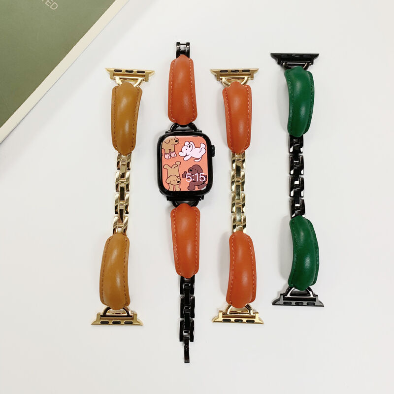Curved Leather Metal Watch Band Women 38mm 41mm 45m Leather Band Replacement for Apple Watch Strap Leather