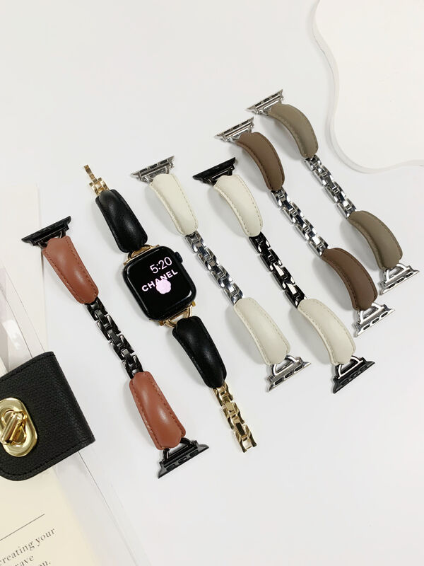 Curved Leather Metal Watch Band Women 38mm 41mm 45m Leather Band Replacement for Apple Watch Strap Leather