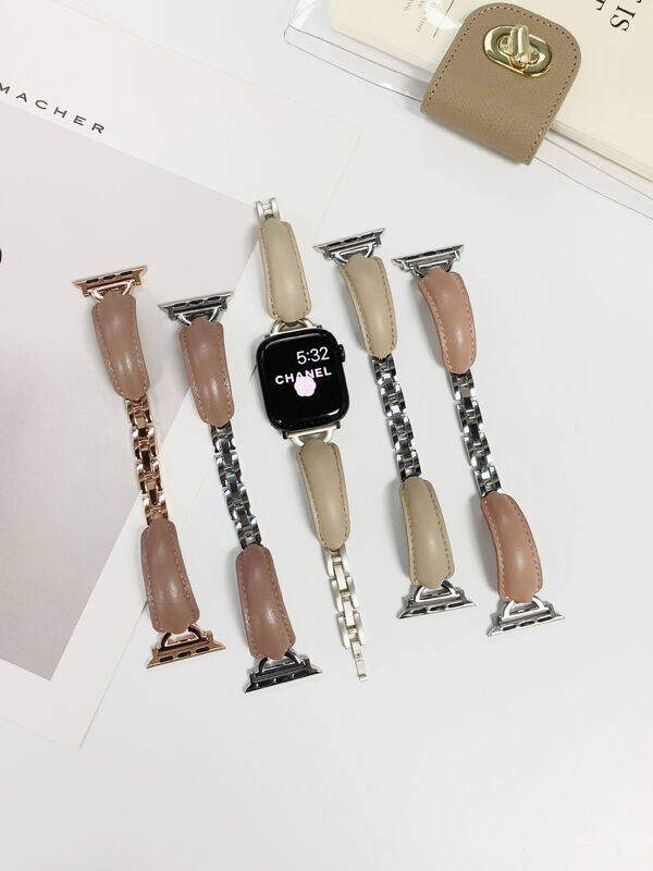 Curved Leather Metal Watch Band Women 38mm 41mm 45m Leather Band Replacement for Apple Watch Strap Leather