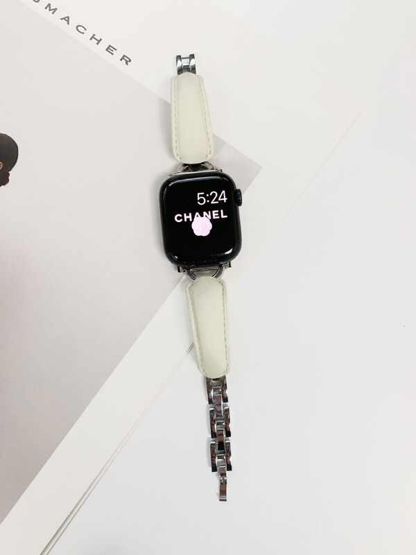 Curved Leather Metal Watch Band Women 38mm 41mm 45m Leather Band Replacement for Apple Watch Strap Leather