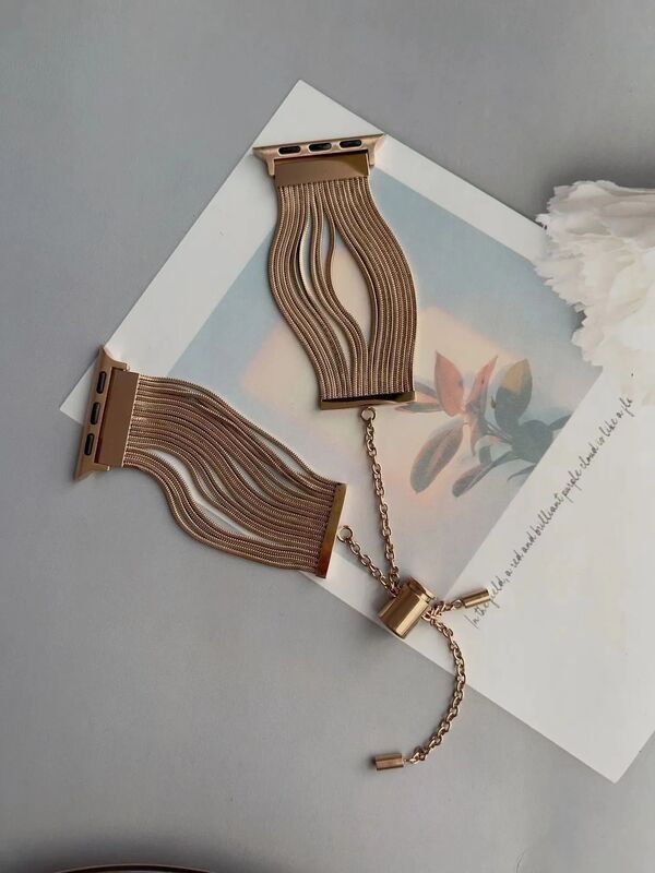 Gold Tassel Design Retractable Women's Bracelet Stainless Steel for Apple Watch Band for Iwatch 8 Ultra 49mm Series 6 Watch Band