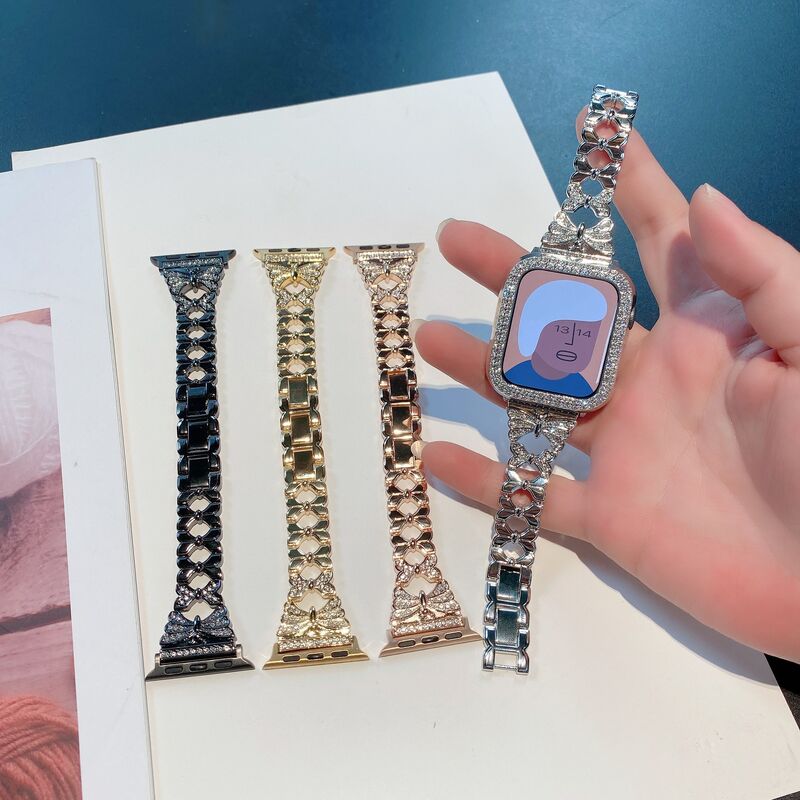 Bling Luxury Diamond Charm Metal Bracelet Band for Apple Watch Band 38/40/41 42/44/45/49 mm Dressy Jewelry Cuff Bracelet Strap