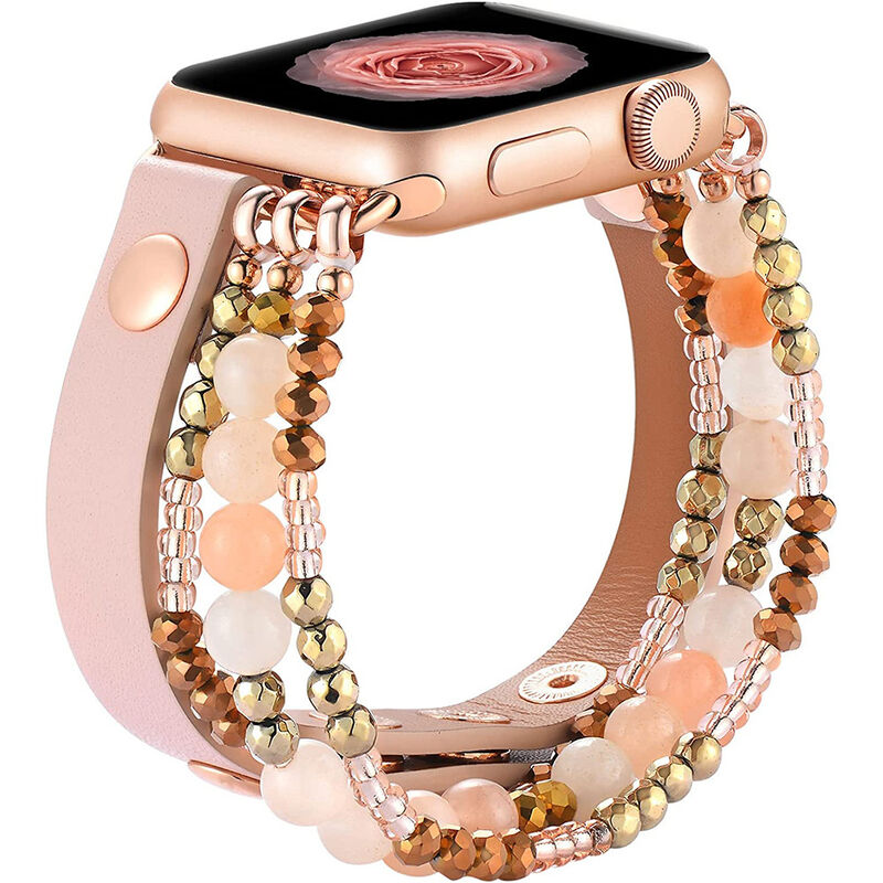 Women Elastic Beaded Band for Apple Watch Strap 49mm 40mm 38mm 41mm Leather Strap for Iwatch Series 8 Ultra 7 6 5 4 3 2