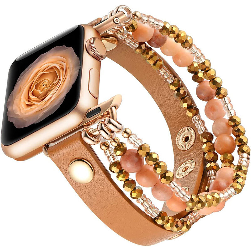 Women Elastic Beaded Band for Apple Watch Strap 49mm 40mm 38mm 41mm Leather Strap for Iwatch Series 8 Ultra 7 6 5 4 3 2