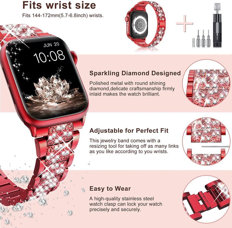 Fashion Luxury Diamond Wristband Metal Stainless Steel Rhinestone Smart Watch Band Straps for Apple IWatch 5 6 7 Se