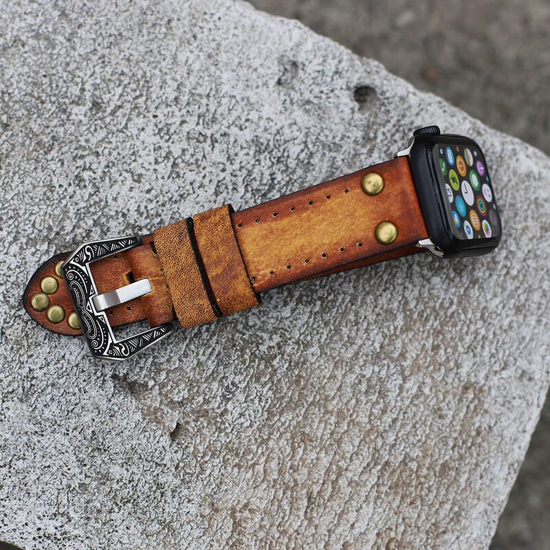 Classical Soft Leather Watch Strap With Rivets Vintage Watchband With Carved Buckle #C for Smart Watches
