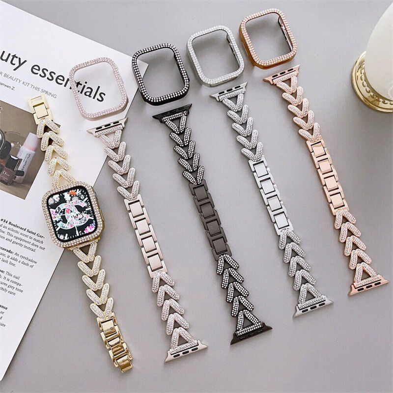 Glitter Bling Metal Watch Band Metal Diamond Luxury Designer Strap Protective Case for Apple Iwatch 3 4 5 6 7 8