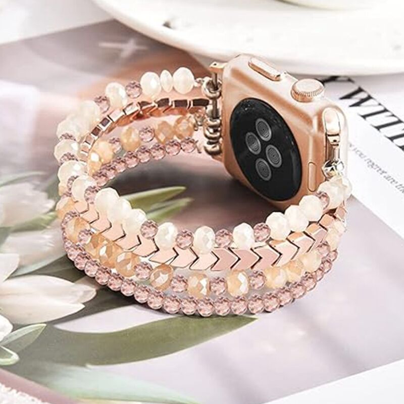 Fashion Creative Trendy Brand Pearl Chain Crystal Agate Wristband Stainless Steel Smartwatch Strap for Apple Watch Ultra Band