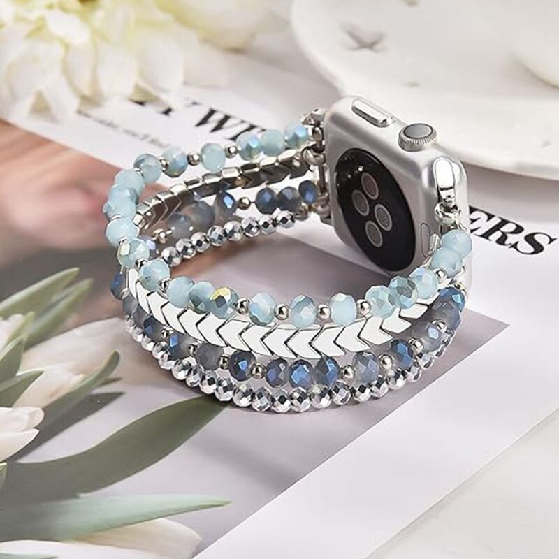 Fashion Creative Trendy Brand Pearl Chain Crystal Agate Wristband Stainless Steel Smartwatch Strap for Apple Watch Ultra Band