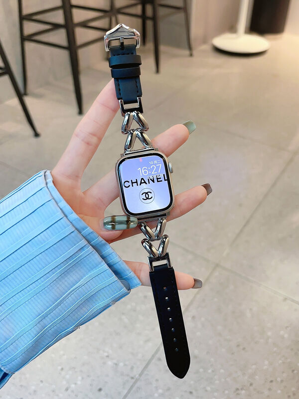 Popular Stainless Steel V Design Chain Leather Watch Band Strap for Apple Watch 38mm 42mm Replacement Bracelet Girls Band