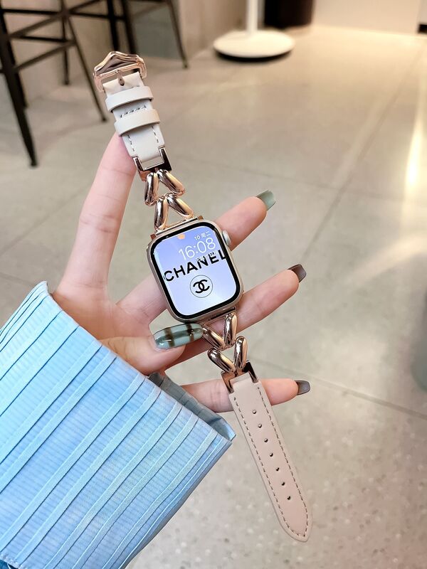 Popular Stainless Steel V Design Chain Leather Watch Band Strap for Apple Watch 38mm 42mm Replacement Bracelet Girls Band
