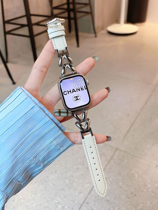 Popular Stainless Steel V Design Chain Leather Watch Band Strap for Apple Watch 38mm 42mm Replacement Bracelet Girls Band