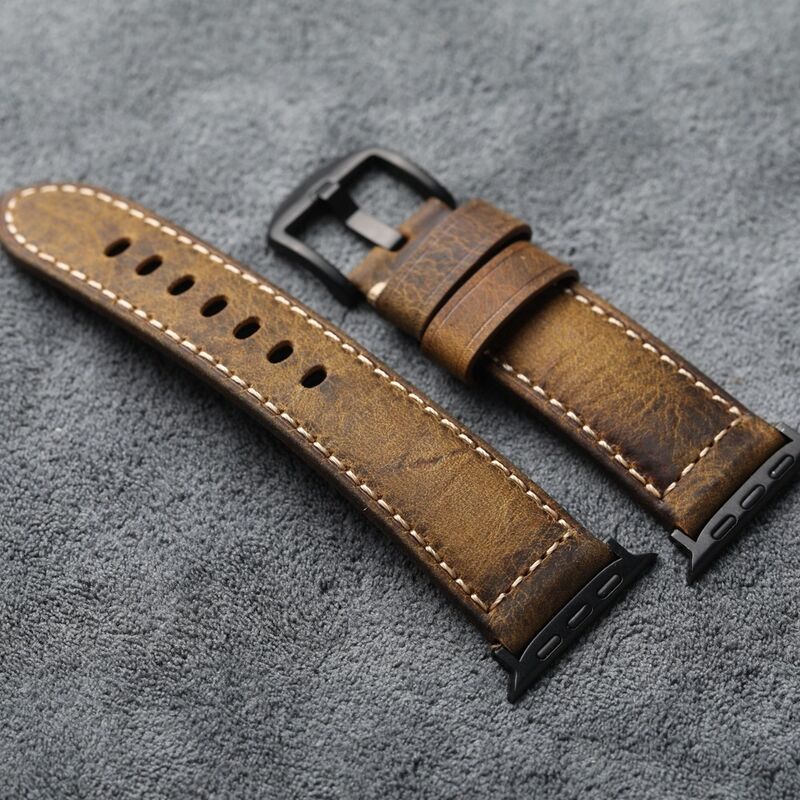 Distressed Vintage Crackle Leather Strap Genuine Leather Band Top Layer Cowhide Leather Handwork  Watch Straps Flat Stitches