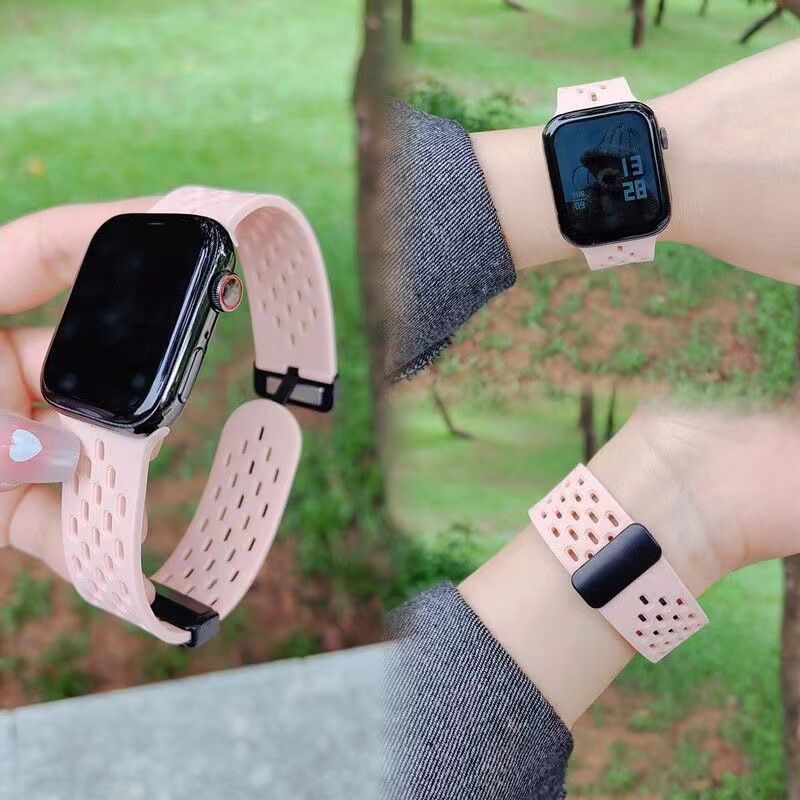 Breathable Soft Breathable Silicone Magnetic Bracelet Belt Wristband Sport Band Strap for Apple Watch Series 9 8 7 SE 6 5 4 3