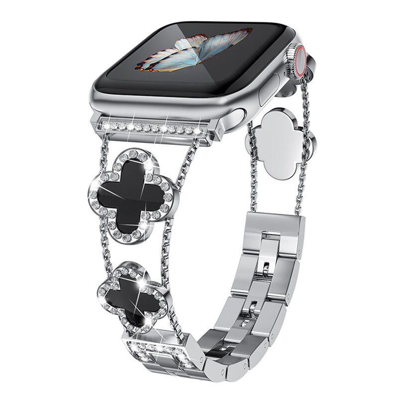 Fashion Charm Girls Women Bracelet Stainless Steel Watch Strap Four Leaf Clover Watch Band for apple Iwatch