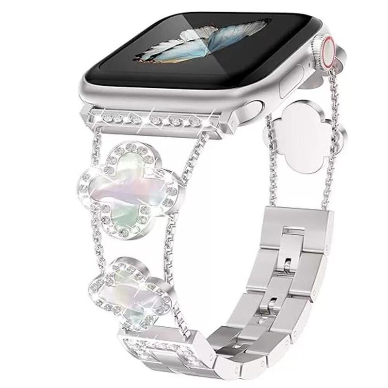 Fashion Charm Girls Women Bracelet Stainless Steel Watch Strap Four Leaf Clover Watch Band for apple Iwatch