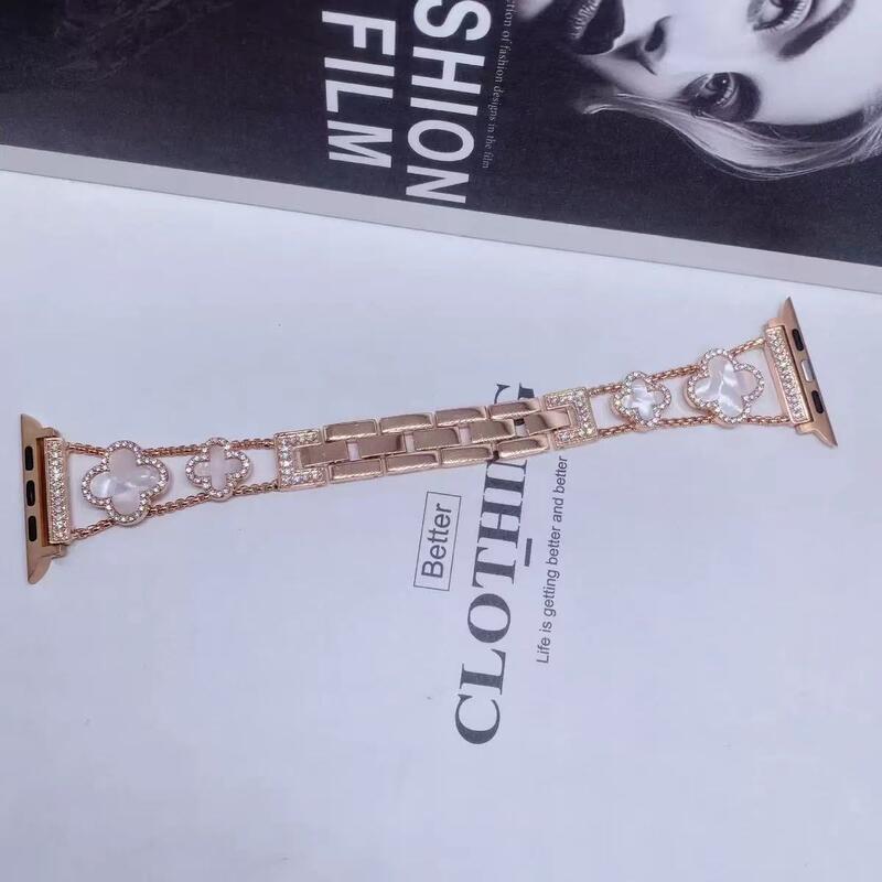 Fashion Charm Girls Women Bracelet Stainless Steel Watch Strap Four Leaf Clover Watch Band for apple Iwatch