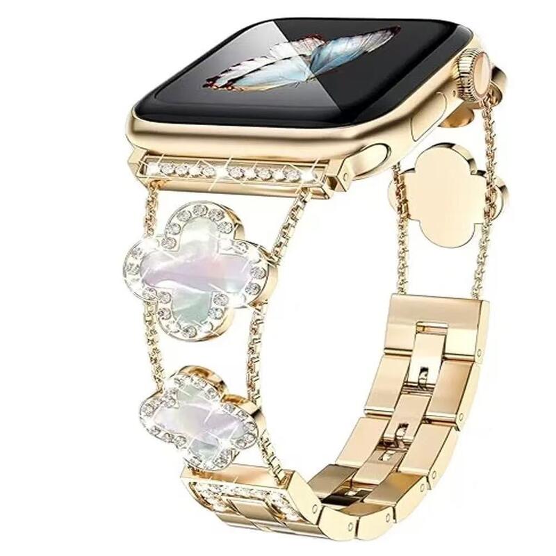 Fashion Charm Girls Women Bracelet Stainless Steel Watch Strap Four Leaf Clover Watch Band for apple Iwatch