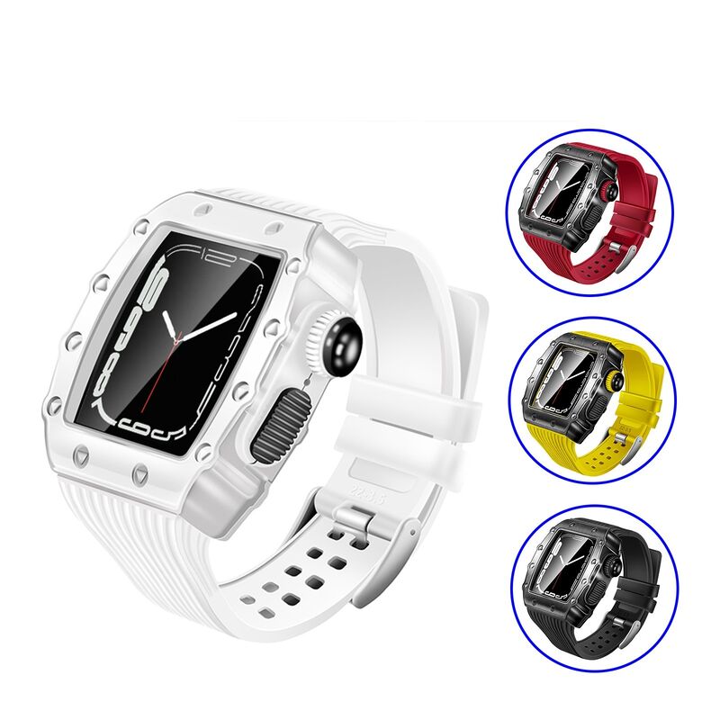 Trendy Fashion Waterproof Luxury Brand Stainless Steel Custom logo 44 45mm Watch Case  with Silicone Band Strap for Apple Watch