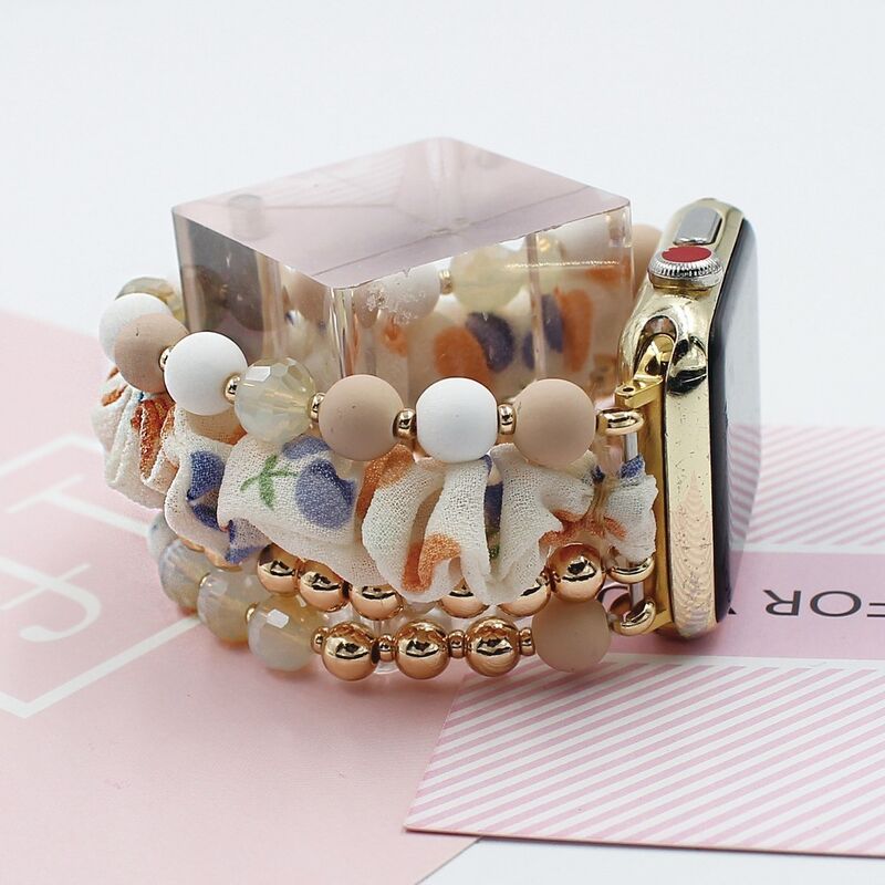Designer Women Workout Band for Apple Watch Elastic Stitching Metal Strap Denim Chain Trendy Scrunchie Smart Watch Band