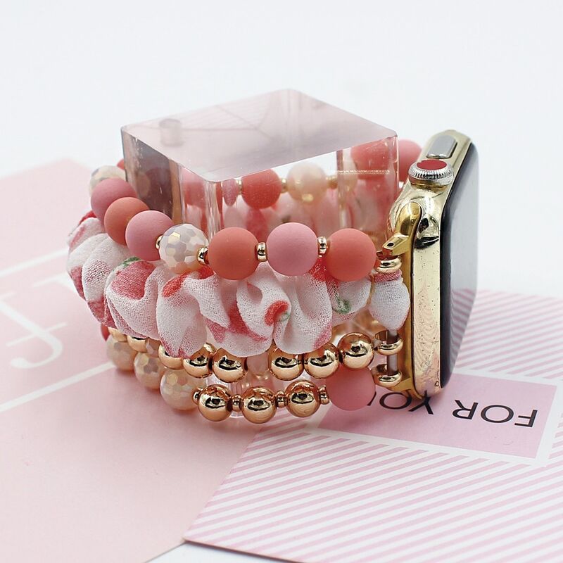 Designer Women Workout Band for Apple Watch Elastic Stitching Metal Strap Denim Chain Trendy Scrunchie Smart Watch Band