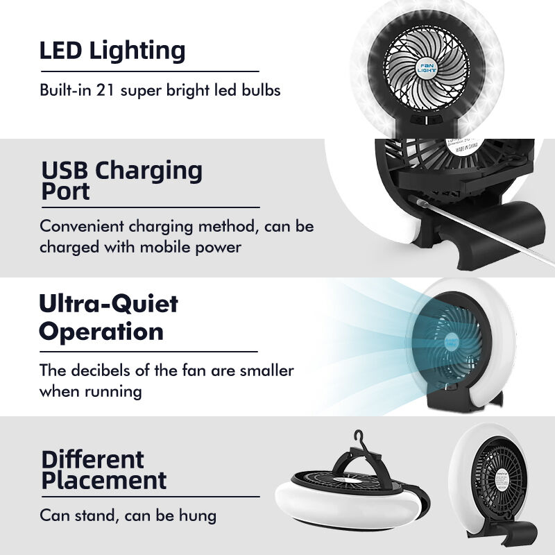 Outdoor Hiking Portable Rechargeable USB Fan with 2-in-1 LED Light for Camping and Tents