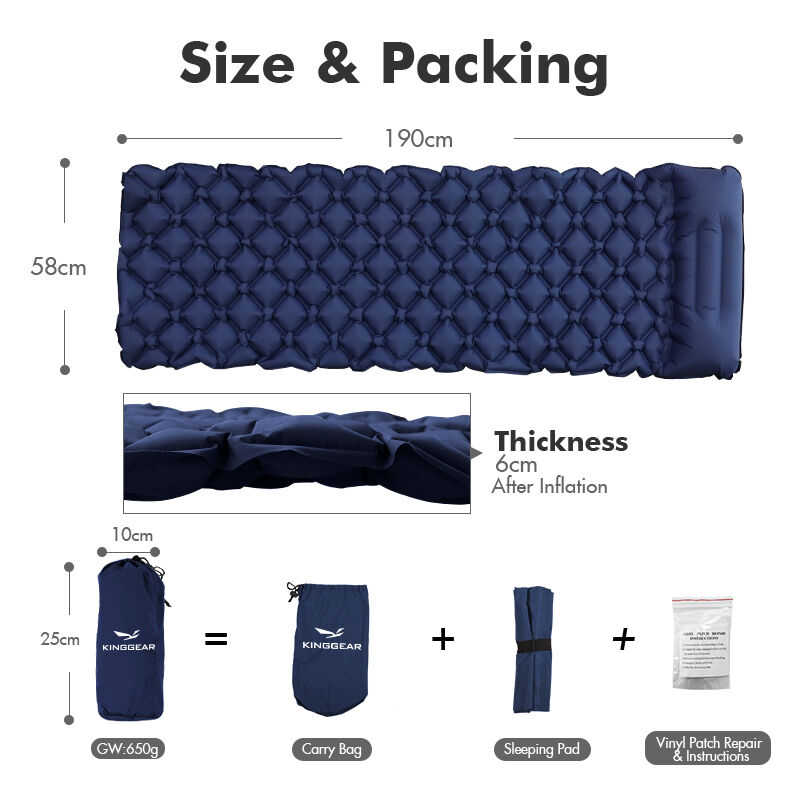 Kinggear TPU Padding Camping Sleeping Pad 190×58×6cm Size 480g Lightweight Inflatable Mat for Outdoor
